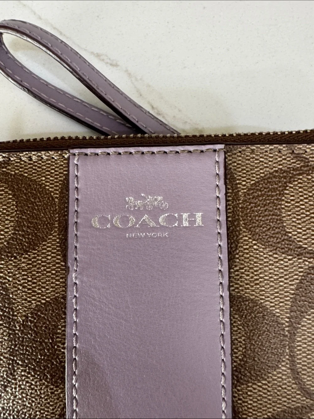 Coach Brown Signature Canvas Wristlet with Lavender Center Stripe